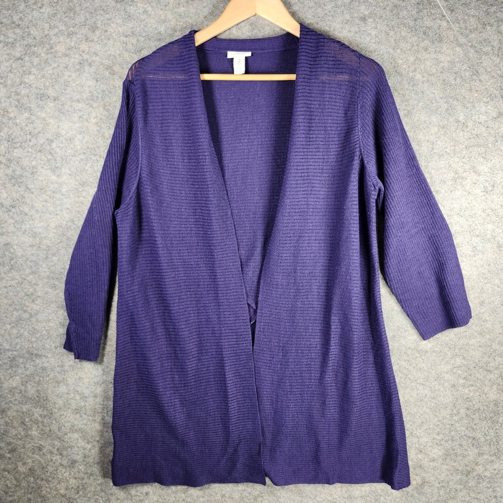 Chicos Purple Wool Blend Knit Open Front Cardigan Sweater Sz 2 Large Semi Sheer
